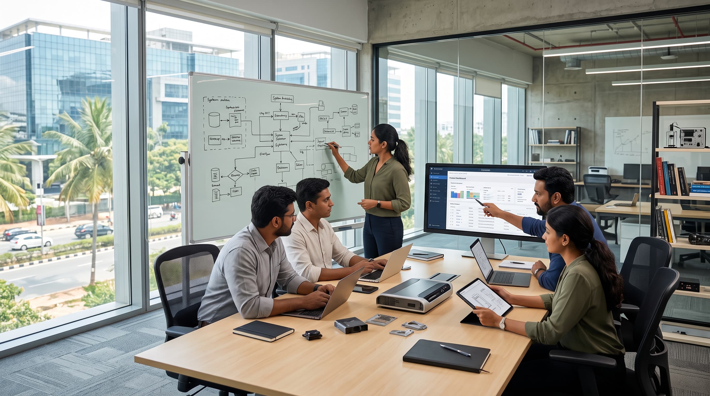 The TechCrest team collaborating over a system-architecture whiteboard at their Bengaluru office