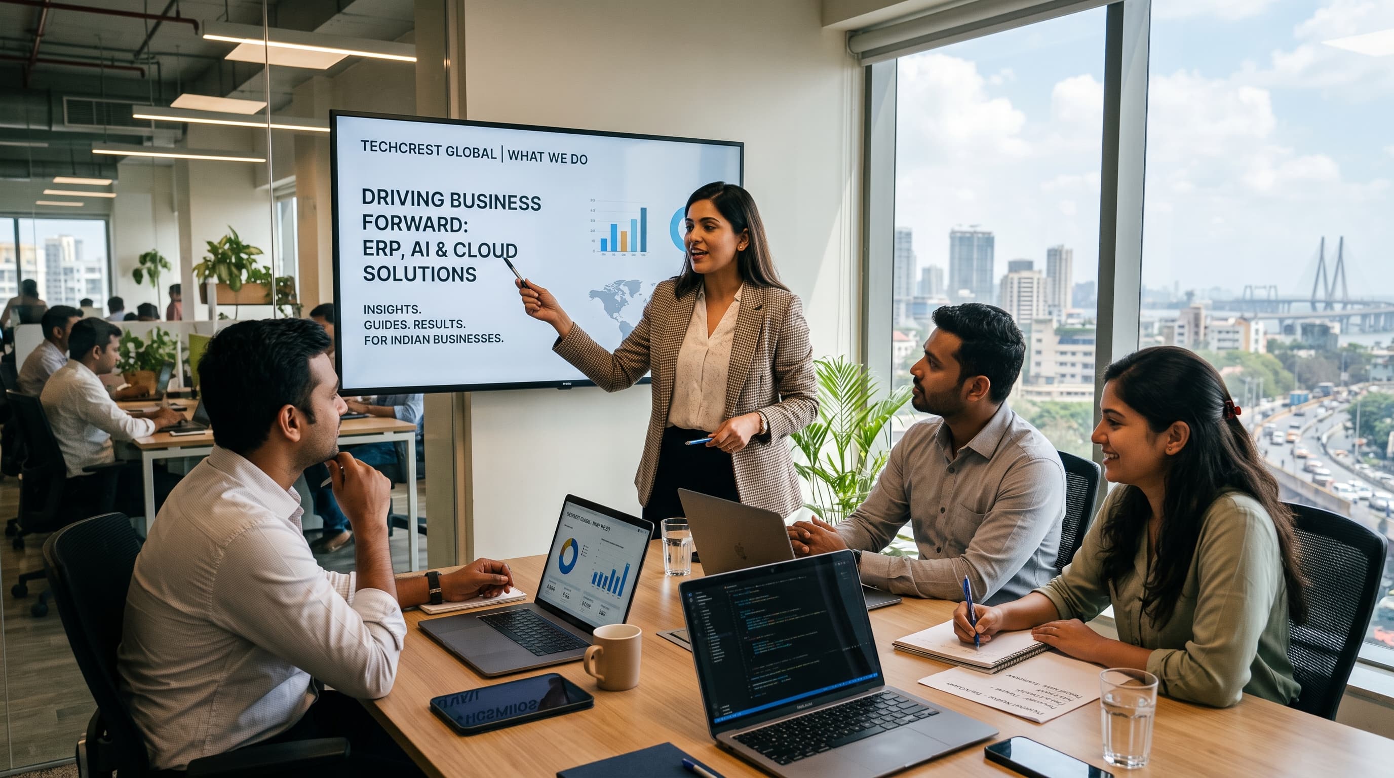 A TechCrest analyst presenting on driving business forward with ERP, AI and cloud solutions