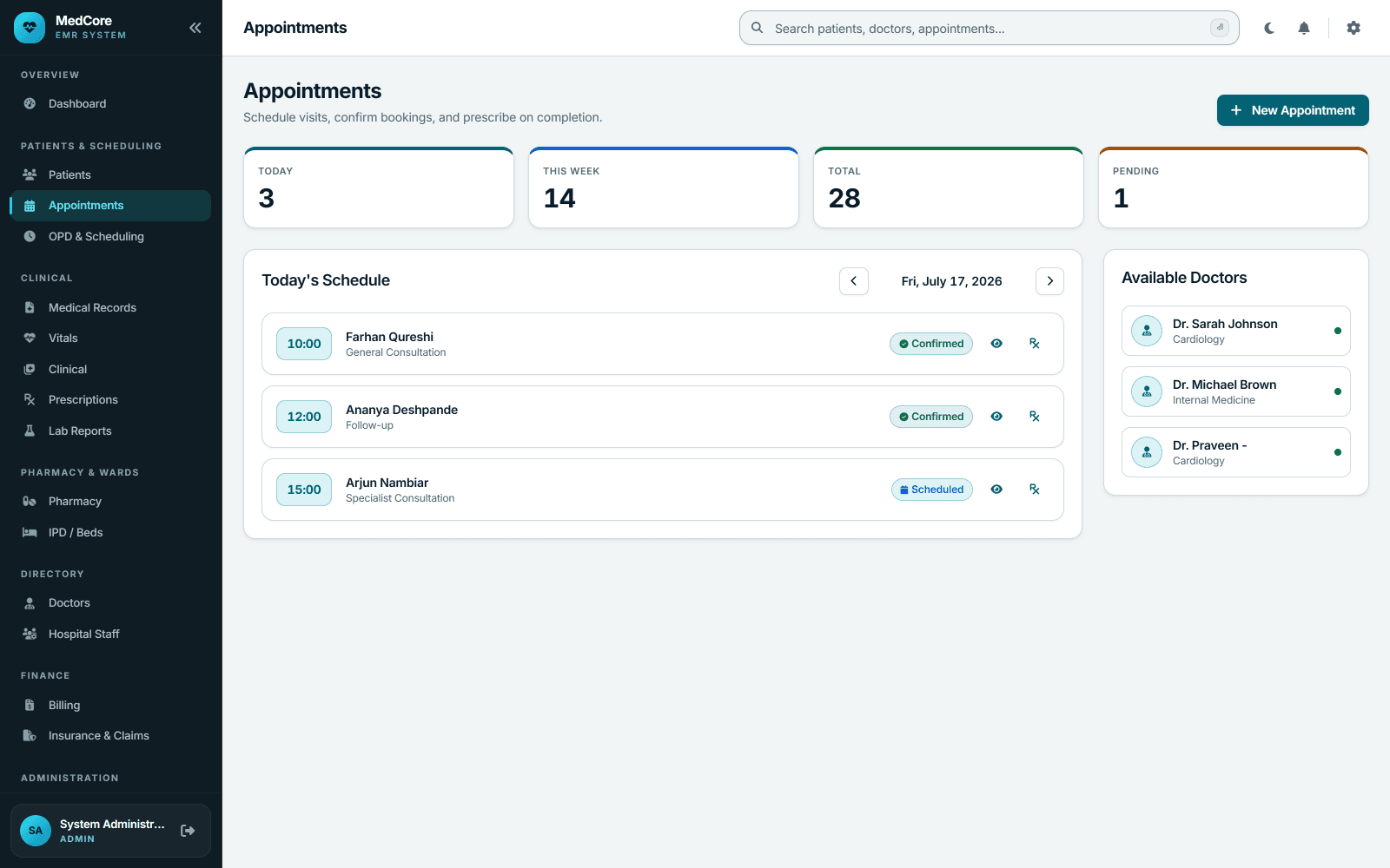 MedCore EMR appointments screen listing today's schedule with time slots, visit types, confirmation status and available doctors