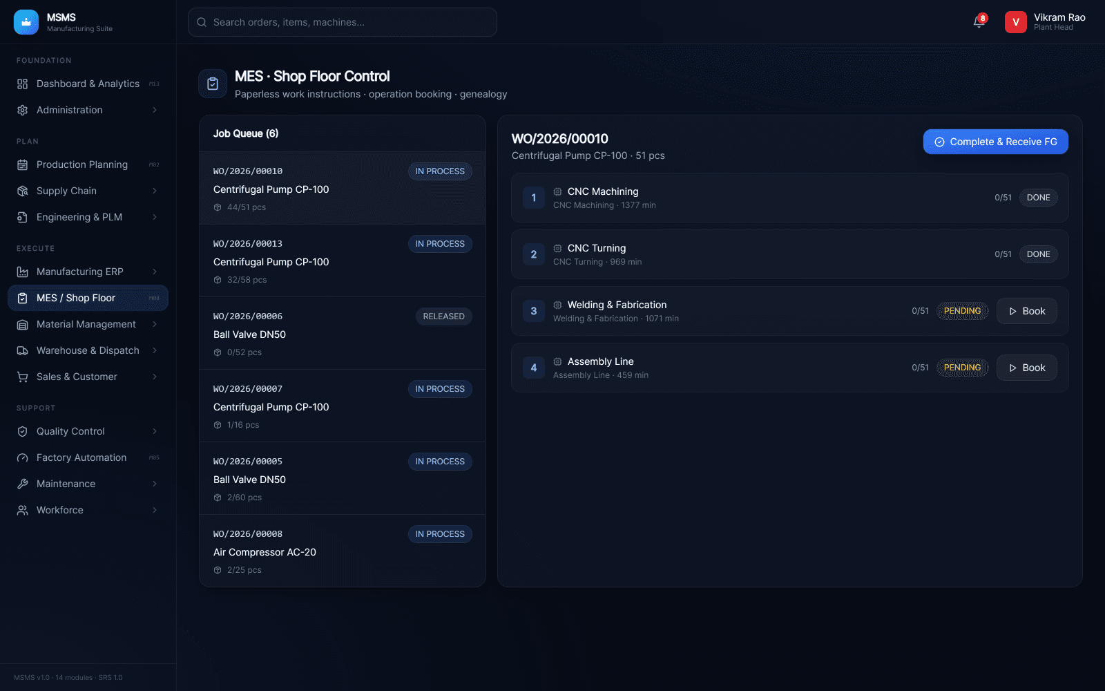 MES shop-floor control screen with a live work-order job queue and per-operation booking across routed work centres